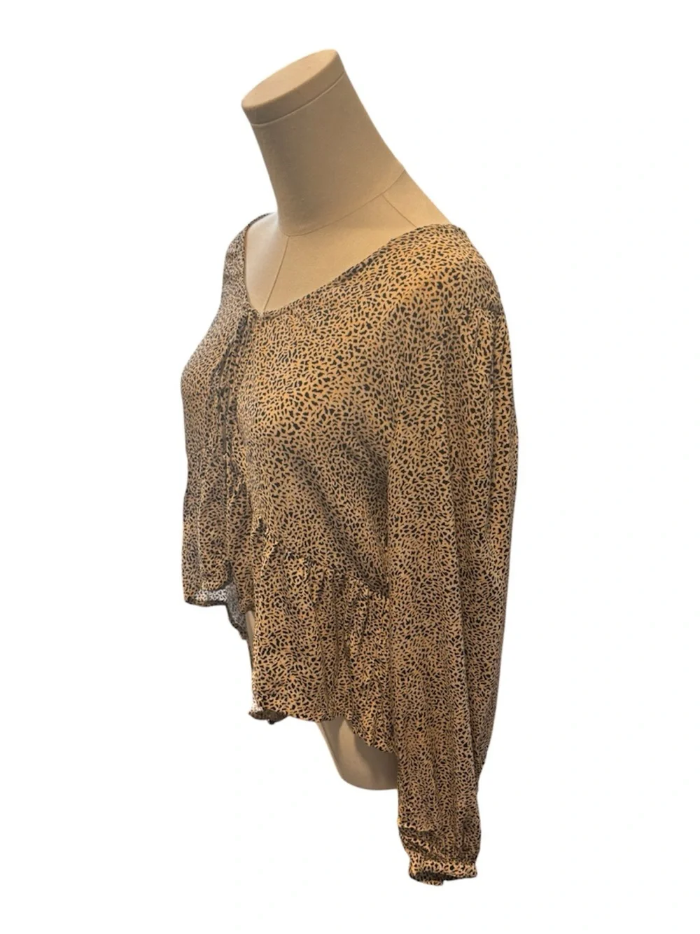 Billabong Women’s Printed Peplum Long Sleeve Blouse | Size Medium | Boho Tie Nec